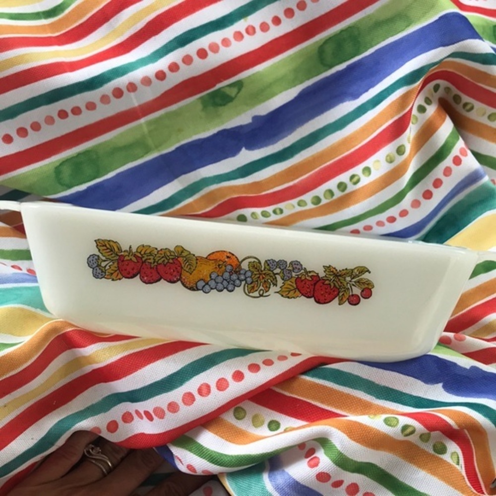 Vintage Anchor Hocking Fire-King Fruit Garland Milk Glass Loaf Pan